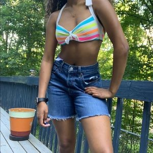 90s Rainbow Stripes Halter Bathing Suit Top